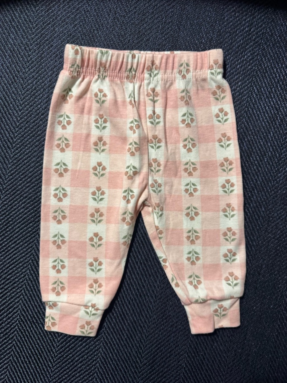 0-3 Month Pink Floral Gingham Baby Pants with Green Leaf Print